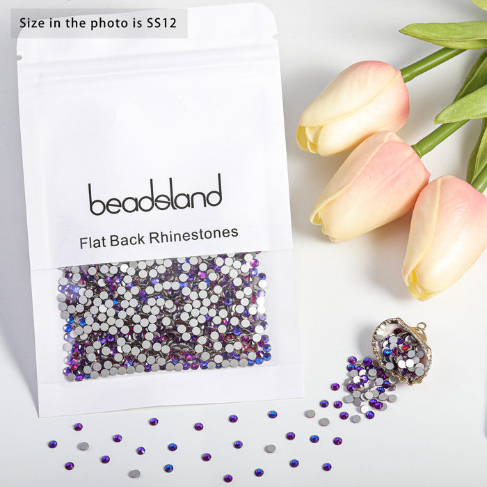 Beadsland - Diamantes de imitación de cristal con parte trasera plana, gemas redondas para decoración de uñas y pegamento para manualidades, terciopelo morado