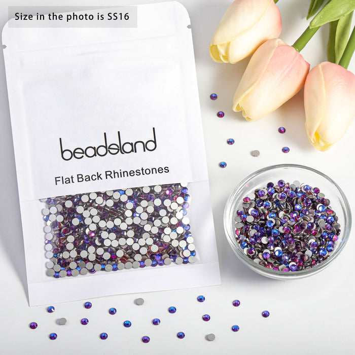 Beadsland - Diamantes de imitación de cristal con parte trasera plana, gemas redondas para decoración de uñas y pegamento para manualidades, terciopelo morado