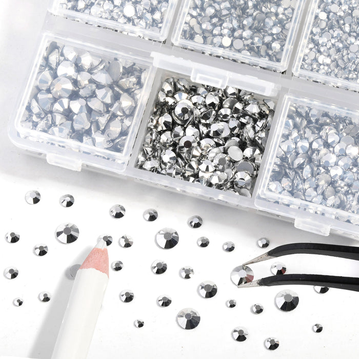 Beadsland 4300pcs Flatback Rhinestones,  Nail Gems Round Crystal Rhinestones for Crafts,Mixed 6 Sizes with Picking Tweezers and Wax Pencil Kit- Silver