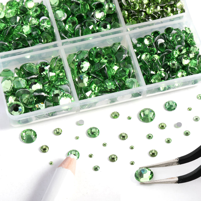 Beadsland 8300PCS Flatback Rhinestones, Nail Gems Round Crystal Rhinestones for Crafts, Mixed 10 Sizes with Wax Pencil and Tweezer Kit, SS3-SS30-Peridot