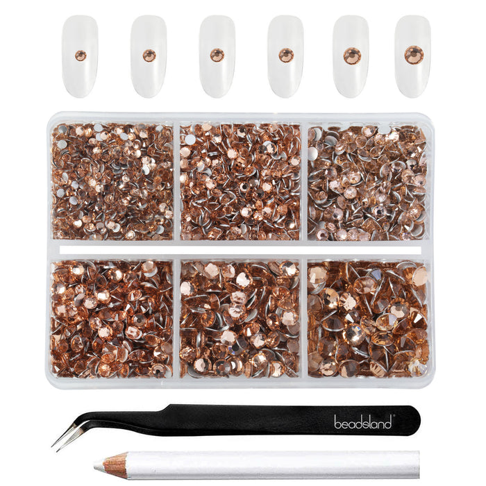 Beadsland 4300pcs Flatback Rhinestones,  Nail Gems Round Crystal Rhinestones for Crafts,Mixed 6 Sizes with Picking Tweezers and Wax Pencil Kit- Light Peach