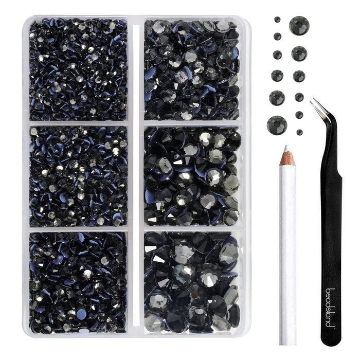 BEADSLAND Hotfix Rhinestones, 4000 PCS Gray Rhinestones for Clothes Crafts Mixed 6 Sizes with Wax Pencil and Tweezers Kit, SS6-SS30, Black Diamond