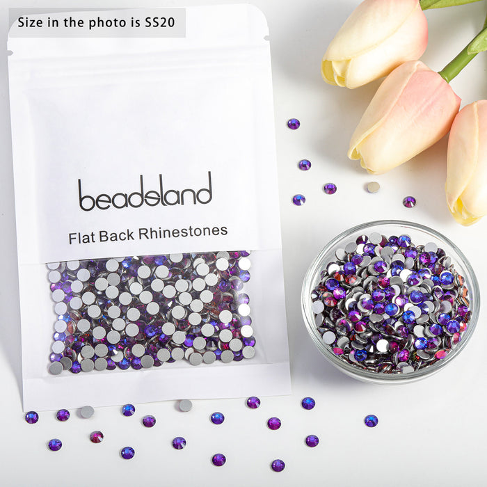 Beadsland - Diamantes de imitación de cristal con parte trasera plana, gemas redondas para decoración de uñas y pegamento para manualidades, terciopelo morado