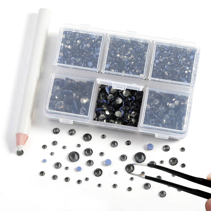 BEADSLAND Hotfix Rhinestones, 4000 PCS Gray Rhinestones for Clothes Crafts Mixed 6 Sizes with Wax Pencil and Tweezers Kit, SS6-SS30, Black Diamond