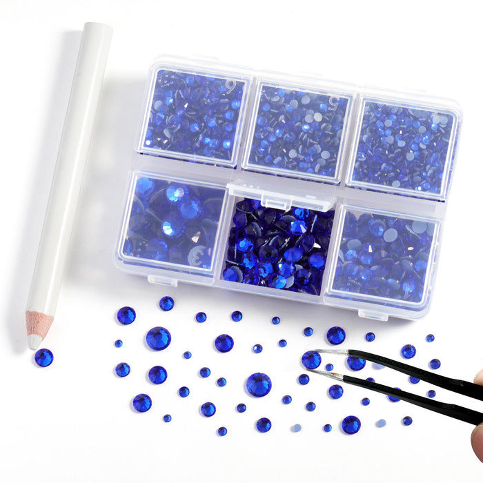 BEADSLAND Hotfix Rhinestones, 4000 PCS Dark Blue Rhinestones for Clothes Crafts Mixed 6 Sizes with Wax Pencil and Tweezers Kit, SS6-SS30, Sapphire