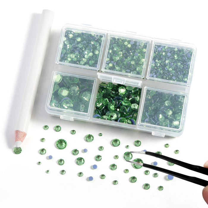 BEADSLAND Hotfix Rhinestones, 4000 PCS Light Green Rhinestones for Clothes Crafts Mixed 6 Sizes with Wax Pencil and Tweezers Kit, SS6-SS30, Peridot