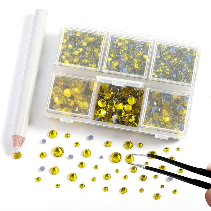 BEADSLAND Hotfix Rhinestones, 4000 PCS Lemon Yellow Rhinestones for Clothes Crafts Mixed 6 Sizes with Wax Pencil and Tweezers Kit, SS6-SS30,Citrine