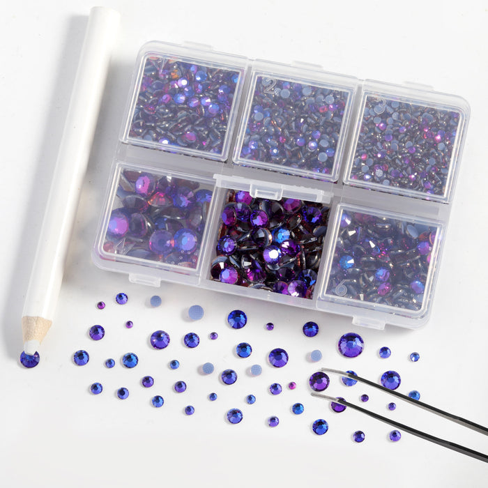 BEADSLAND Hotfix Rhinestones, 4000 PCS Purple Rhinestones for Clothes Crafts Mixed 6 Sizes with Wax Pencil and Tweezers Kit, SS6-SS30, Purple Velvet