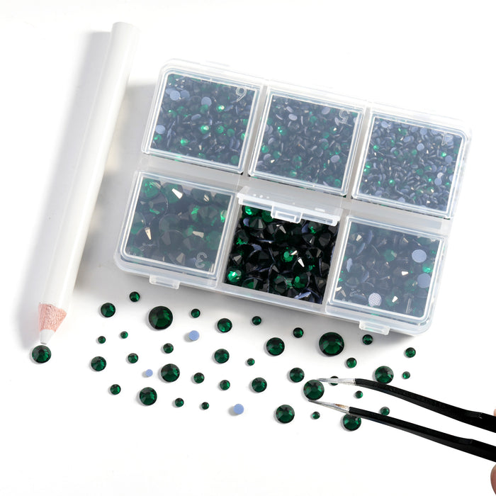 BEADSLAND Hotfix Rhinestones, 4000 PCS Green Rhinestones for Clothes Crafts Mixed 6 Sizes with Wax Pencil and Tweezers Kit, SS6-SS30, Emerald