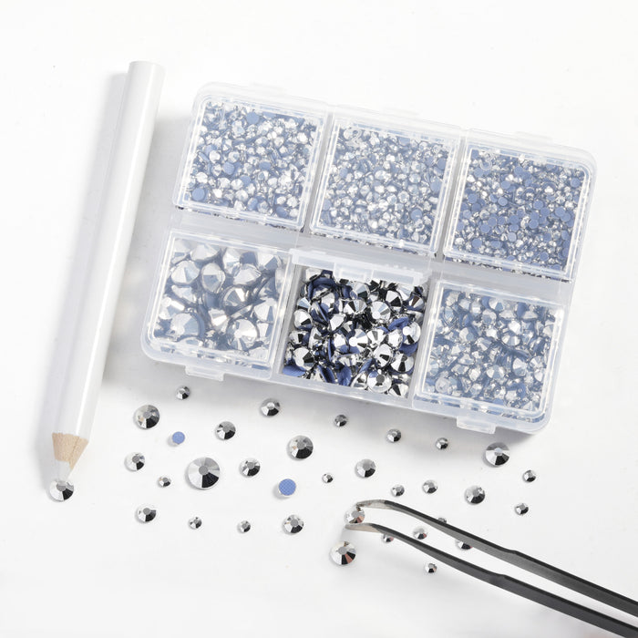 BEADSLAND Hotfix Rhinestones, 4000 PCS Silver Rhinestones for Clothes Crafts Mixed 6 Sizes with Wax Pencil and Tweezers Kit, SS6-SS30, Silver Hematite