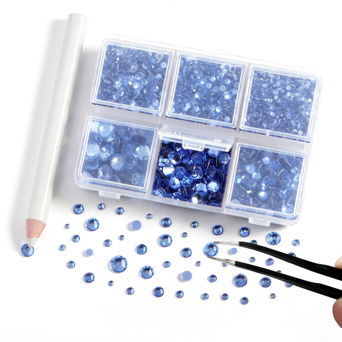 BEADSLAND Hotfix Rhinestones, 4000 PCS Light Blue Rhinestones for Clothes Crafts Mixed 6 Sizes with Wax Pencil and Tweezers Kit, SS6-SS30, Light Sapphire