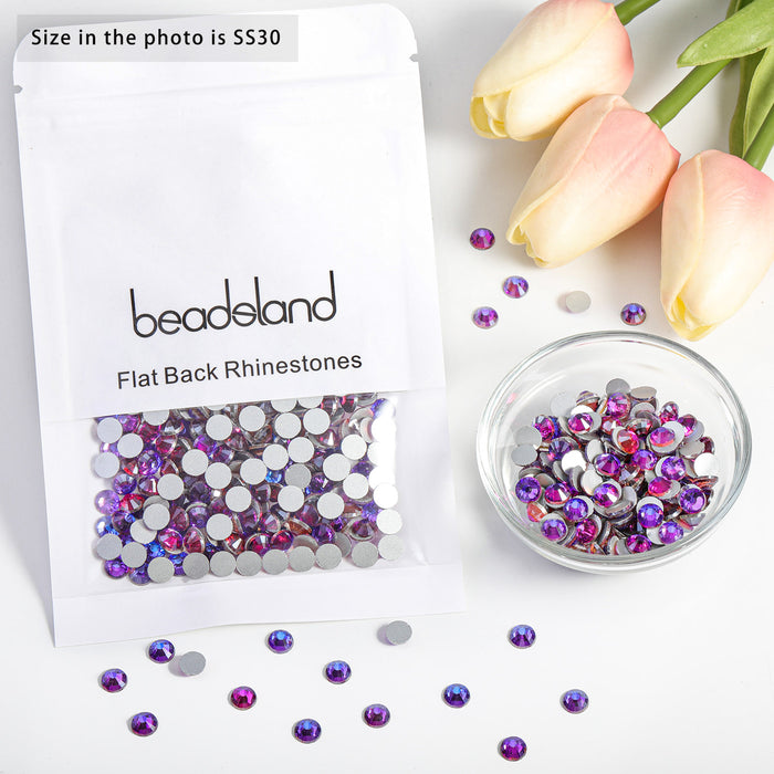 Beadsland - Diamantes de imitación de cristal con parte trasera plana, gemas redondas para decoración de uñas y pegamento para manualidades, terciopelo morado