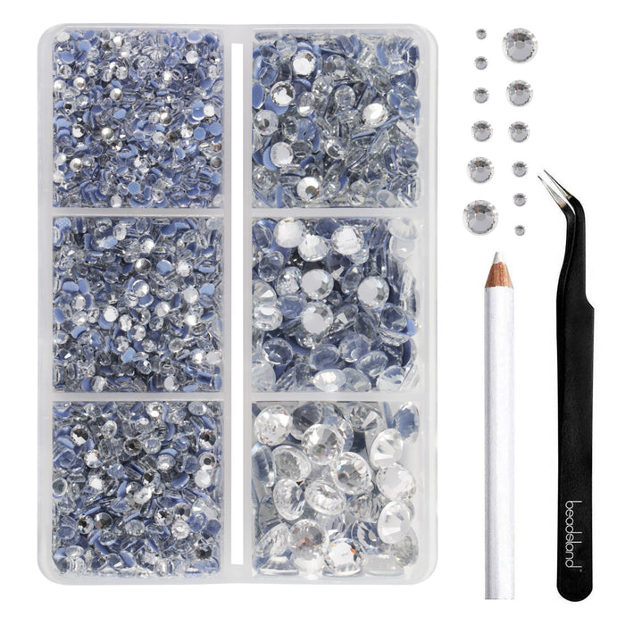 BEADSLAND Hotfix Rhinestones, 4000 PCS Clear Rhinestones for Clothes Crafts Mixed 6 Sizes with Wax Pencil and Tweezers Kit, SS6-SS30, Crystal