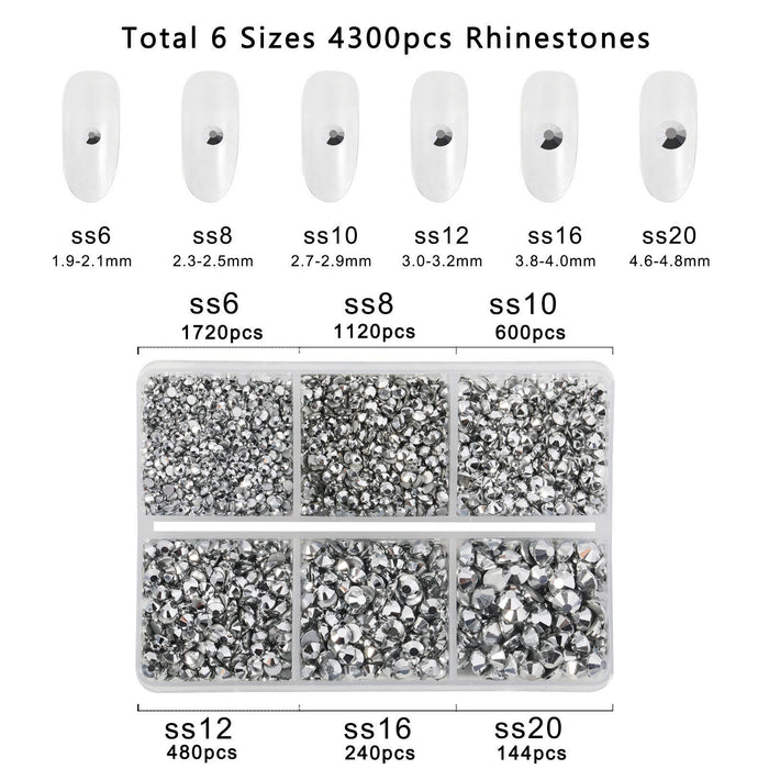 Beadsland 4300pcs Flatback Rhinestones,  Nail Gems Round Crystal Rhinestones for Crafts,Mixed 6 Sizes with Picking Tweezers and Wax Pencil Kit- Silver