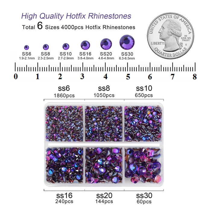 BEADSLAND Hotfix Rhinestones, 4000 PCS Purple Rhinestones for Clothes Crafts Mixed 6 Sizes with Wax Pencil and Tweezers Kit, SS6-SS30, Purple Velvet