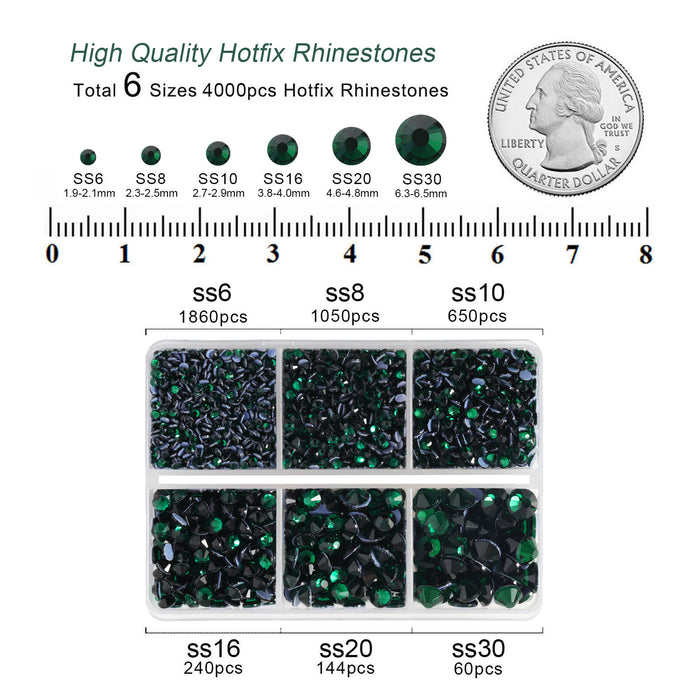 BEADSLAND Hotfix Rhinestones, 4000 PCS Green Rhinestones for Clothes Crafts Mixed 6 Sizes with Wax Pencil and Tweezers Kit, SS6-SS30, Emerald