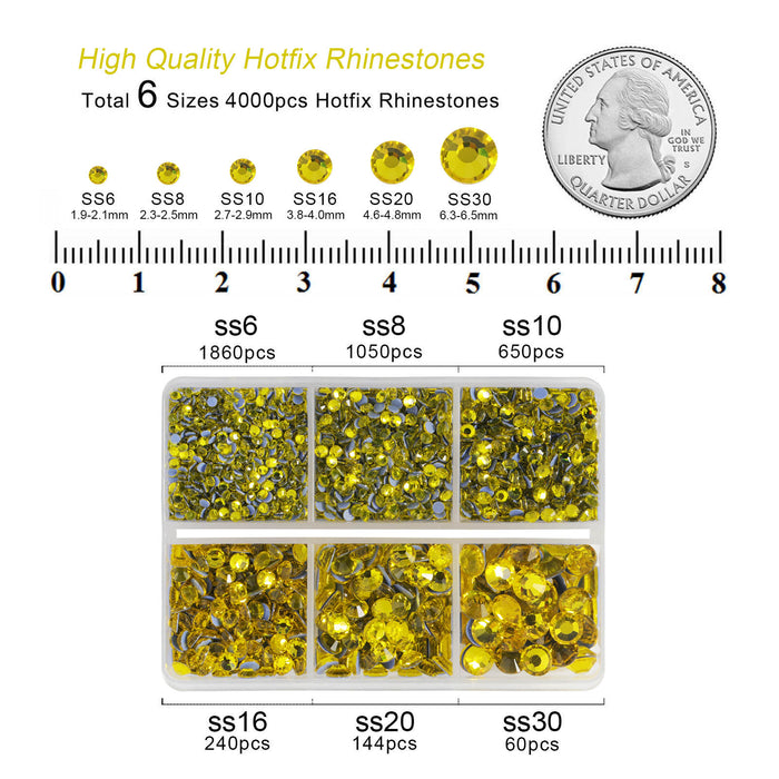 BEADSLAND Hotfix Rhinestones, 4000 PCS Lemon Yellow Rhinestones for Clothes Crafts Mixed 6 Sizes with Wax Pencil and Tweezers Kit, SS6-SS30,Citrine