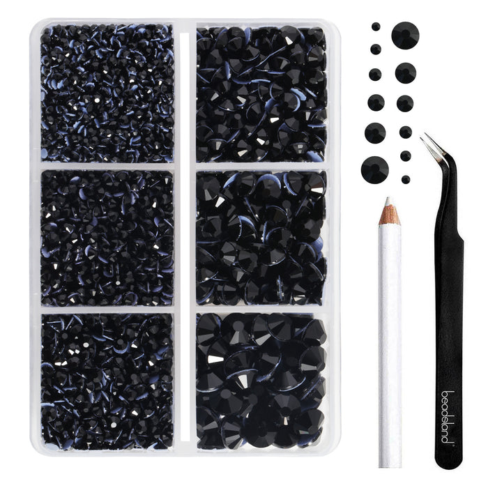 BEADSLAND Hotfix Rhinestones, 4000 PCS Black Rhinestones for Clothes Crafts Mixed 6 Sizes with Wax Pencil and Tweezers Kit, SS6-SS30,Jet Black