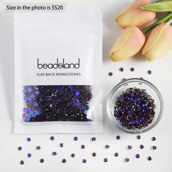 Beadsland Flat Back Crystal Rhinestones Round Gems For Nail Art And Craft Glue Fix - Aurora Purple