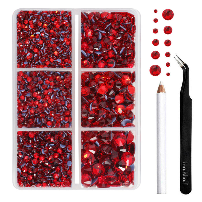 BEADSLAND Hotfix Rhinestones, 4000 PCS Light Red Rhinestones for Clothes Crafts Mixed 6 Sizes with Wax Pencil and Tweezers Kit, SS6-SS30, Light Siam