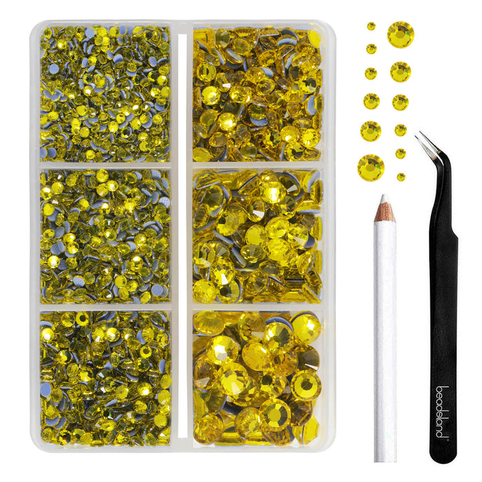 BEADSLAND Hotfix Rhinestones, 4000 PCS Lemon Yellow Rhinestones for Clothes Crafts Mixed 6 Sizes with Wax Pencil and Tweezers Kit, SS6-SS30,Citrine