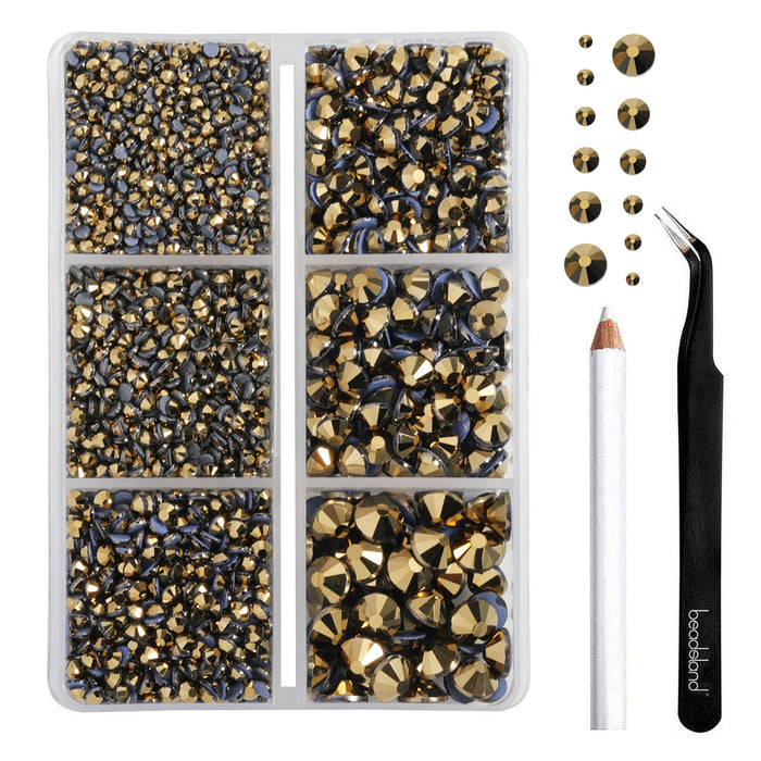 BEADSLAND Hotfix Rhinestones, 4000 PCS Aurum Rhinestones for Clothes Crafts Mixed 6 Sizes with Wax Pencil and Tweezers Kit, SS6-SS30, Aurum