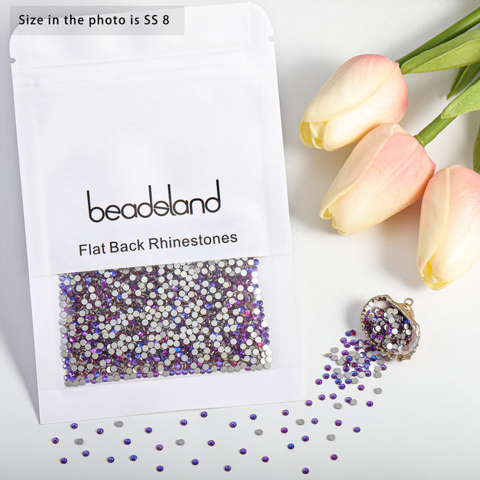 Beadsland - Diamantes de imitación de cristal con parte trasera plana, gemas redondas para decoración de uñas y pegamento para manualidades, terciopelo morado