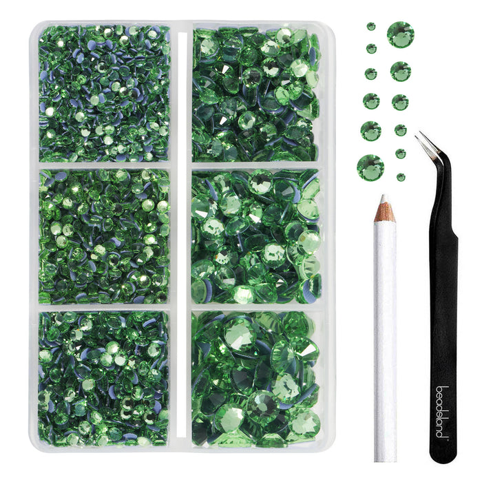 BEADSLAND Hotfix Rhinestones, 4000 PCS Light Green Rhinestones for Clothes Crafts Mixed 6 Sizes with Wax Pencil and Tweezers Kit, SS6-SS30, Peridot