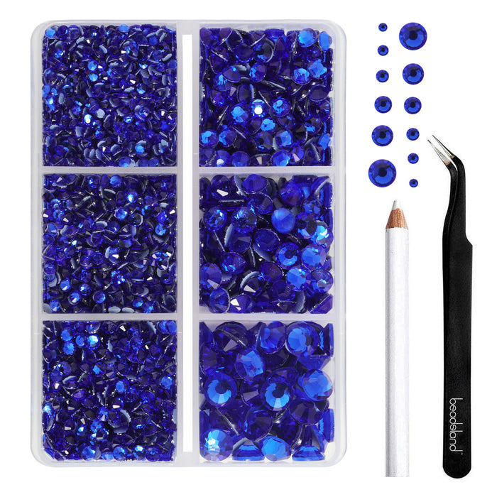 BEADSLAND Hotfix Rhinestones, 4000 PCS Dark Blue Rhinestones for Clothes Crafts Mixed 6 Sizes with Wax Pencil and Tweezers Kit, SS6-SS30, Sapphire