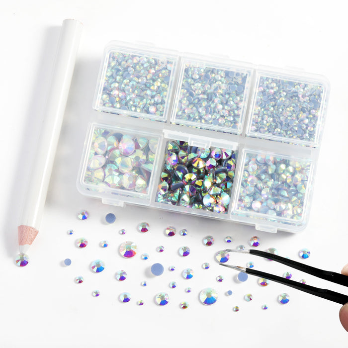 BEADSLAND Hotfix Rhinestones, 4000 PCS AB Rhinestones for Clothes Crafts Mixed 6 Sizes with Wax Pencil and Tweezers Kit, SS6-SS30, Crystal AB