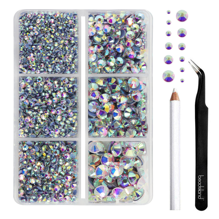 BEADSLAND Hotfix Rhinestones, 4000 PCS AB Rhinestones for Clothes Crafts Mixed 6 Sizes with Wax Pencil and Tweezers Kit, SS6-SS30, Crystal AB