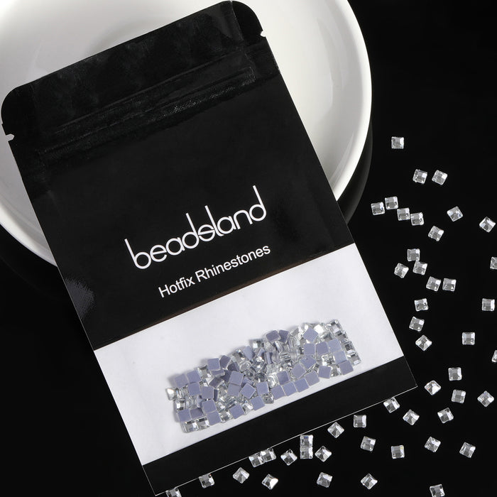 Beadsland 144pcs Hotfix Square Rhinestones, Flat Back Round Corner Square Rhinestones, Glass Flatback Crystal Shaped Gems, 4ⅹ4mm