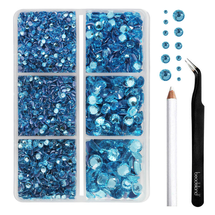 BEADSLAND Hotfix Rhinestones, 4000 PCS Blue Rhinestones for Clothes Crafts Mixed 6 Sizes with Wax Pencil and Tweezers Kit, SS6-SS30, Aquamarine