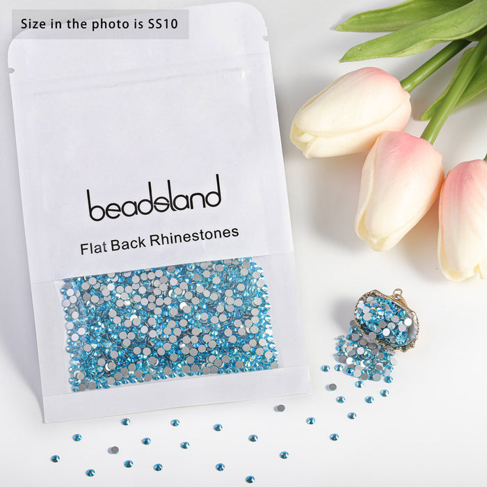 Beadsland Flat Back Crystal Rhinestones Round Gems For Nail Art And Craft Glue Fix - Aquamarine AB