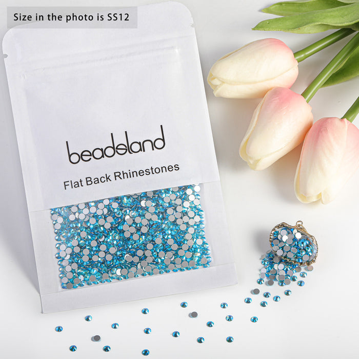 Beadsland Flat Back Crystal Rhinestones Round Gems For Nail Art And Craft Glue Fix - Aquamarine AB