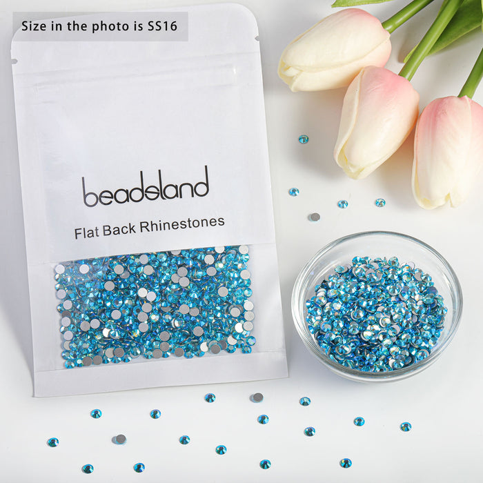 Beadsland Flat Back Crystal Rhinestones Round Gems For Nail Art And Craft Glue Fix - Aquamarine AB