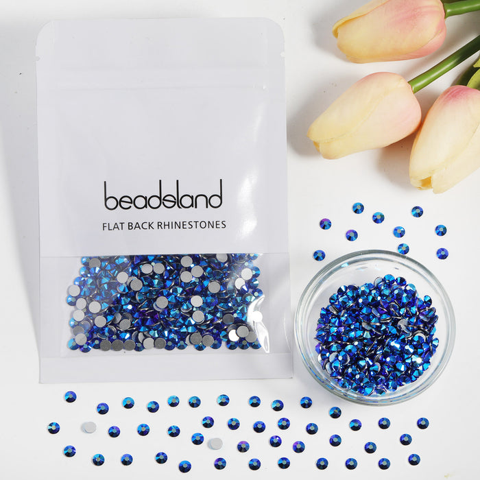 Beadsland Flat Back Crystal Rhinestones Round Gems For Nail Art And Craft Glue Fix - Sapphire AB