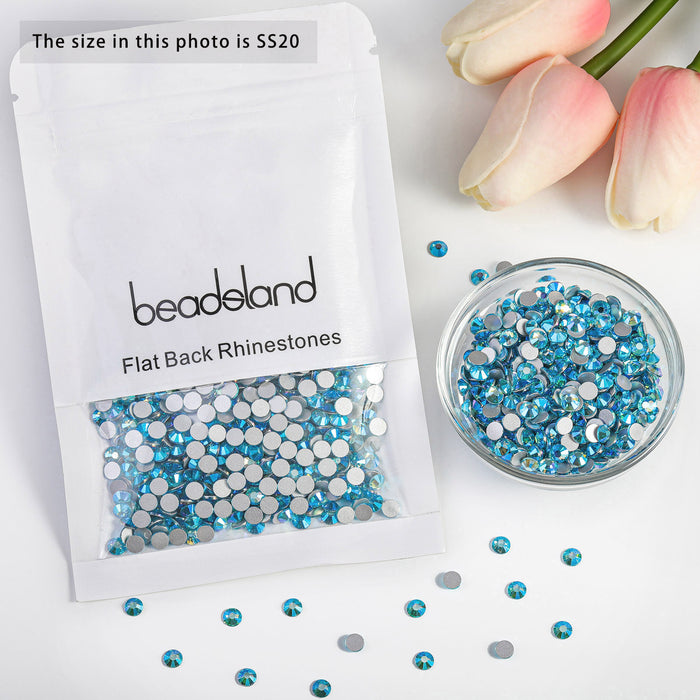 Beadsland Flat Back Crystal Rhinestones Round Gems For Nail Art And Craft Glue Fix - Aquamarine AB