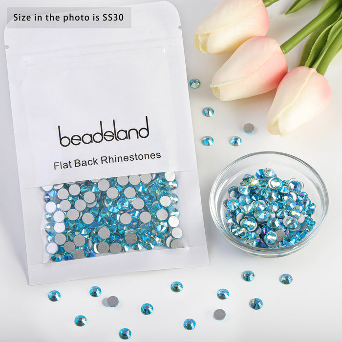 Beadsland Flat Back Crystal Rhinestones Round Gems For Nail Art And Craft Glue Fix - Aquamarine AB