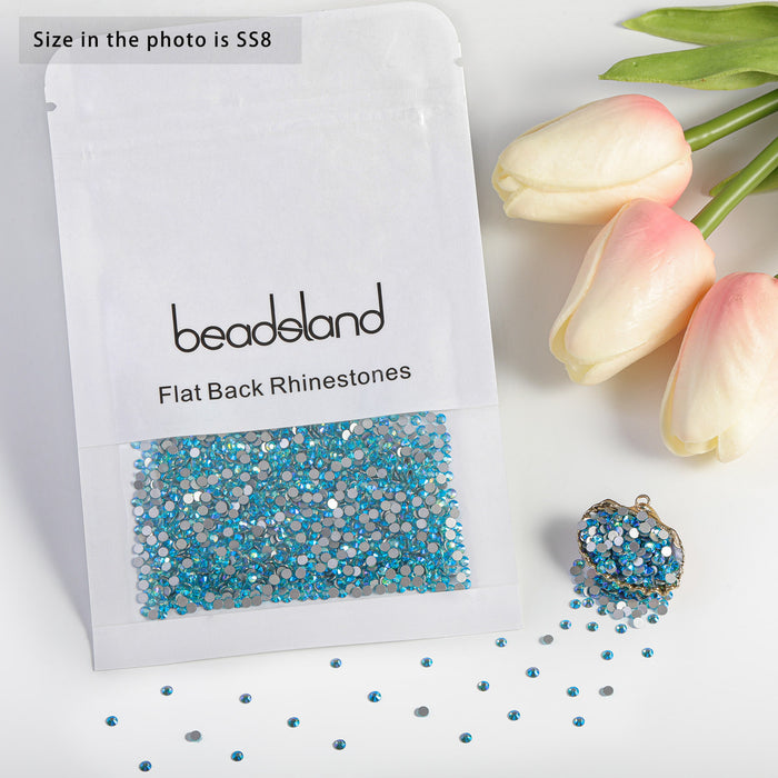 Beadsland Flat Back Crystal Rhinestones Round Gems For Nail Art And Craft Glue Fix - Aquamarine AB