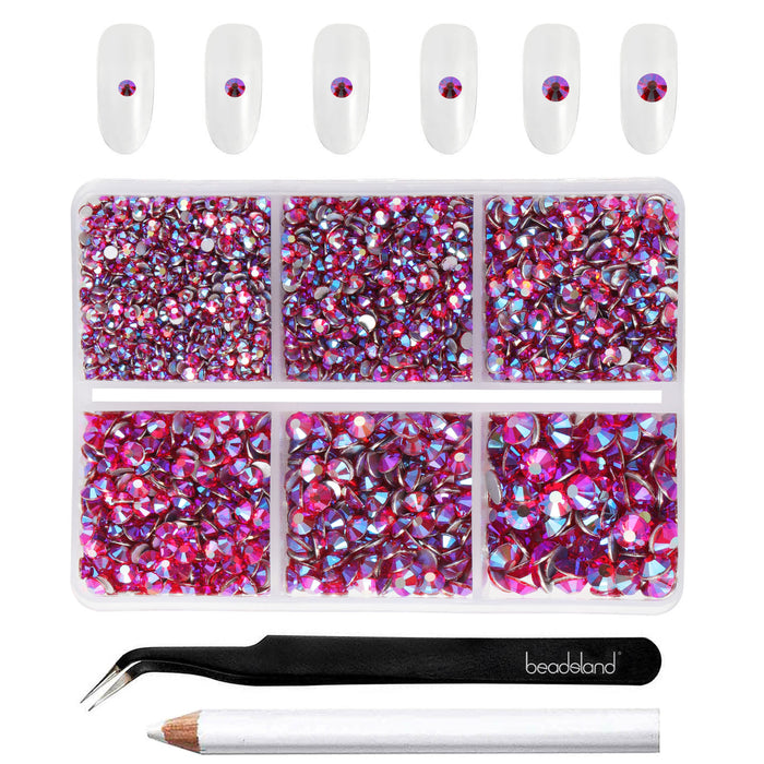 Beadsland 4300pcs Flatback Rhinestones,  Nail Gems Round Crystal Rhinestones for Crafts,Mixed 6 Sizes with Picking Tweezers and Wax Pencil Kit- Siamab