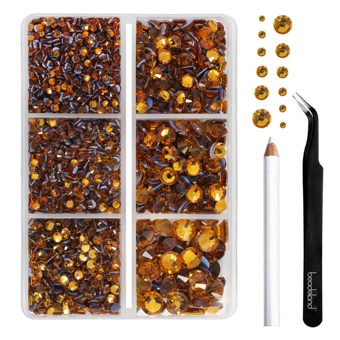 BEADSLAND Hotfix Rhinestones, 4000 PCS Topaz Rhinestones for Clothes Crafts Mixed 6 Sizes with Wax Pencil and Tweezers Kit, SS6-SS30, Topaz