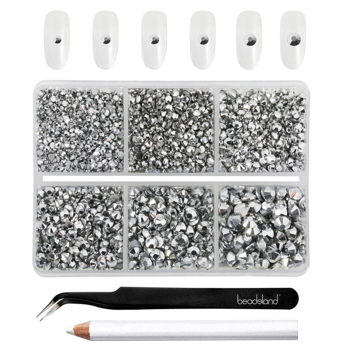 Beadsland 4300pcs Flatback Rhinestones,  Nail Gems Round Crystal Rhinestones for Crafts,Mixed 6 Sizes with Picking Tweezers and Wax Pencil Kit- Silver