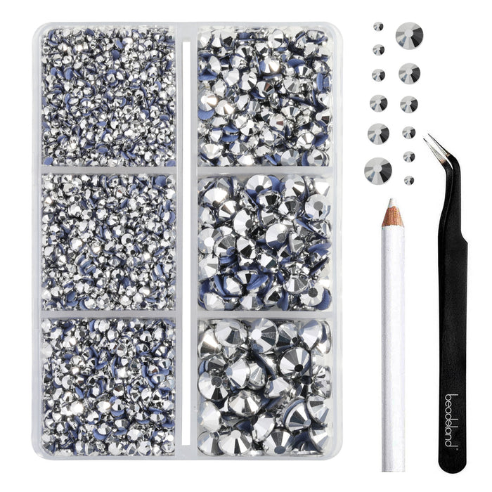 BEADSLAND Hotfix Rhinestones, 4000 PCS Silver Rhinestones for Clothes Crafts Mixed 6 Sizes with Wax Pencil and Tweezers Kit, SS6-SS30, Silver Hematite