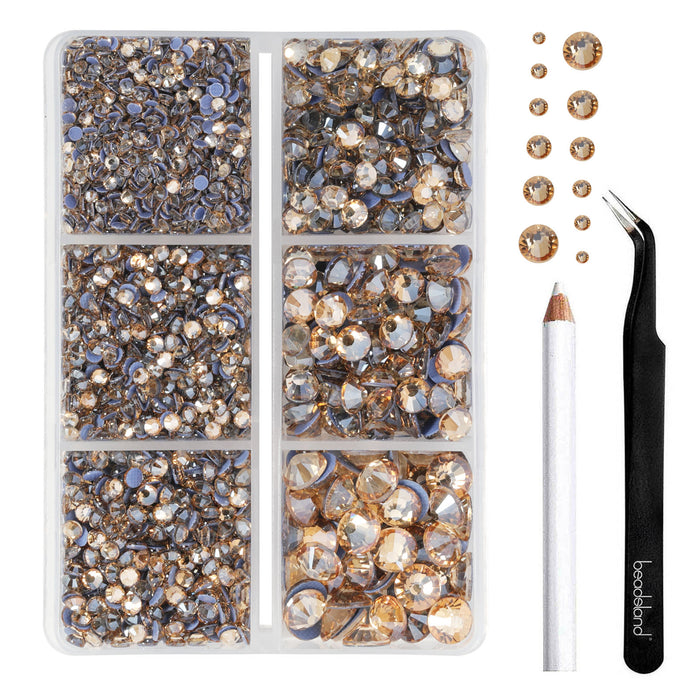 BEADSLAND Hotfix Rhinestones, 4000 PCS Golden Rhinestones for Clothes Crafts Mixed 6 Sizes with Wax Pencil and Tweezers Kit, SS6-SS30, Golden Shadow