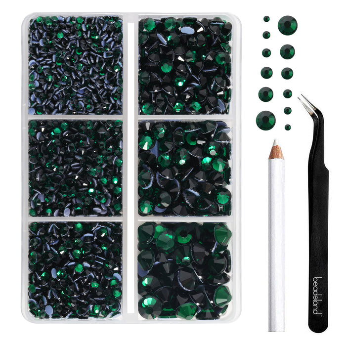 BEADSLAND Hotfix Rhinestones, 4000 PCS Green Rhinestones for Clothes Crafts Mixed 6 Sizes with Wax Pencil and Tweezers Kit, SS6-SS30, Emerald