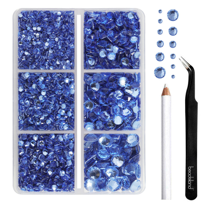 BEADSLAND Hotfix Rhinestones, 4000 PCS Light Blue Rhinestones for Clothes Crafts Mixed 6 Sizes with Wax Pencil and Tweezers Kit, SS6-SS30, Light Sapphire