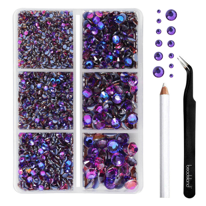 BEADSLAND Hotfix Rhinestones, 4000 PCS Purple Rhinestones for Clothes Crafts Mixed 6 Sizes with Wax Pencil and Tweezers Kit, SS6-SS30, Purple Velvet